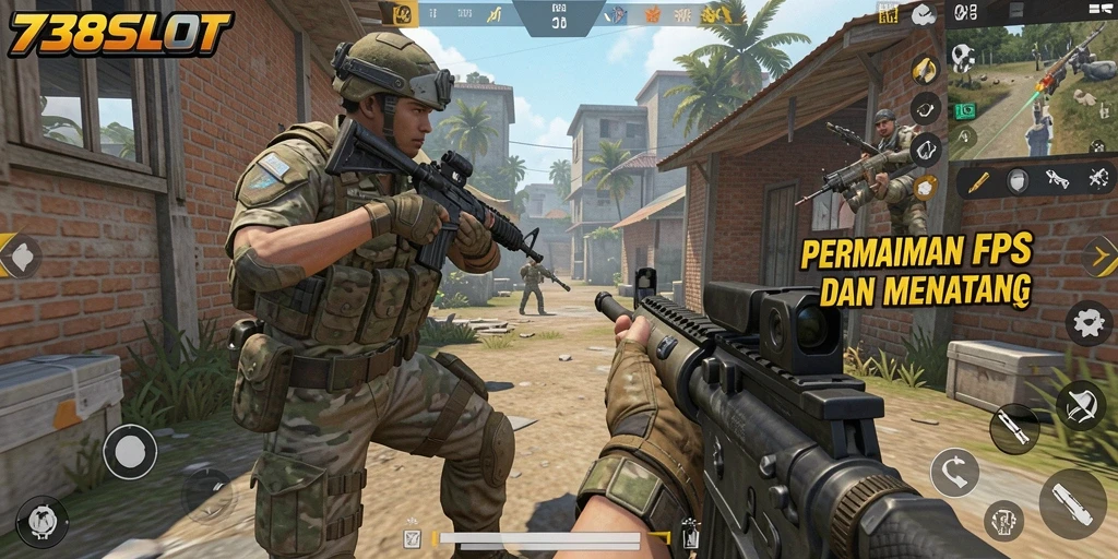Screenshot 738SLOT menampilkan momen aksi seru dalam permainan FPS.