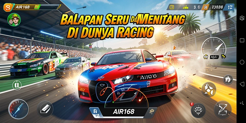 Screenshot utama menunjukkan aksi balapan seru di dalam game.
