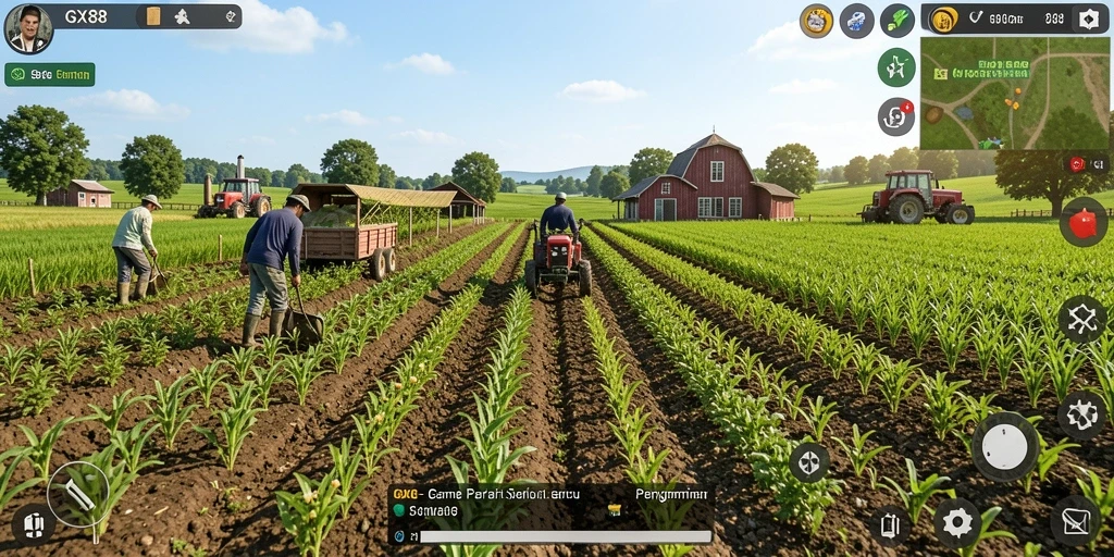 Tangkapan layar GX88 menunjukkan keberagaman tanaman dalam gameplay pertanian.