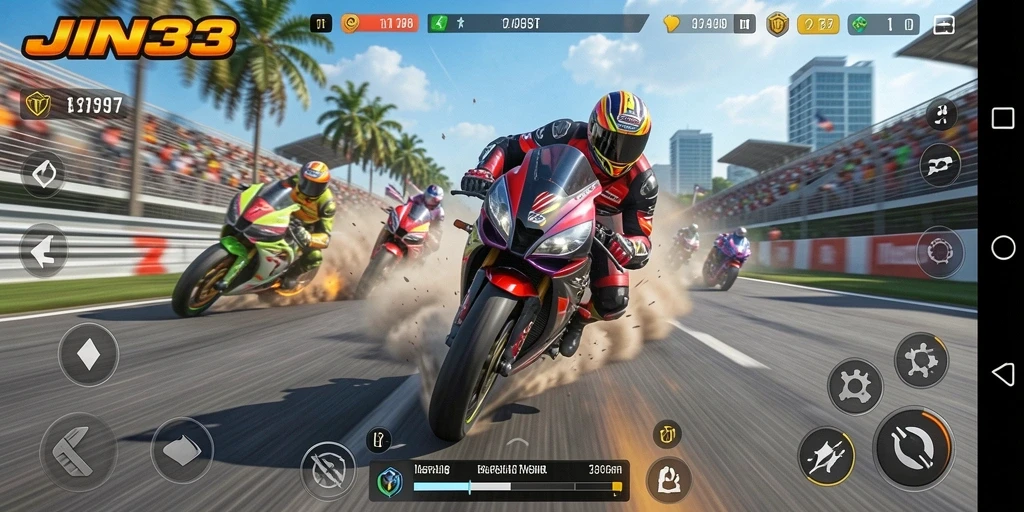 Tampilan gameplay seru dalam JIN33 dengan balapan motor cepat.