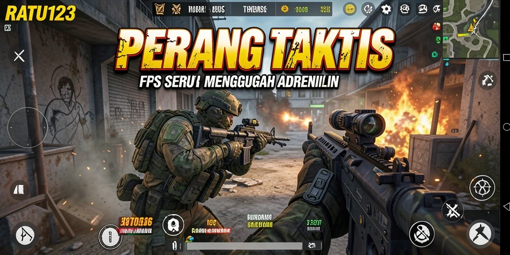 Screenshot utama RATU123 memperlihatkan aksi tembak-menembak yang mendebarkan dalam suasana taktis.