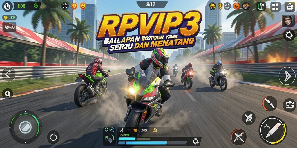 Screenshot gameplay RPVIP3 memperlihatkan balapan motor yang seru dan intens.
