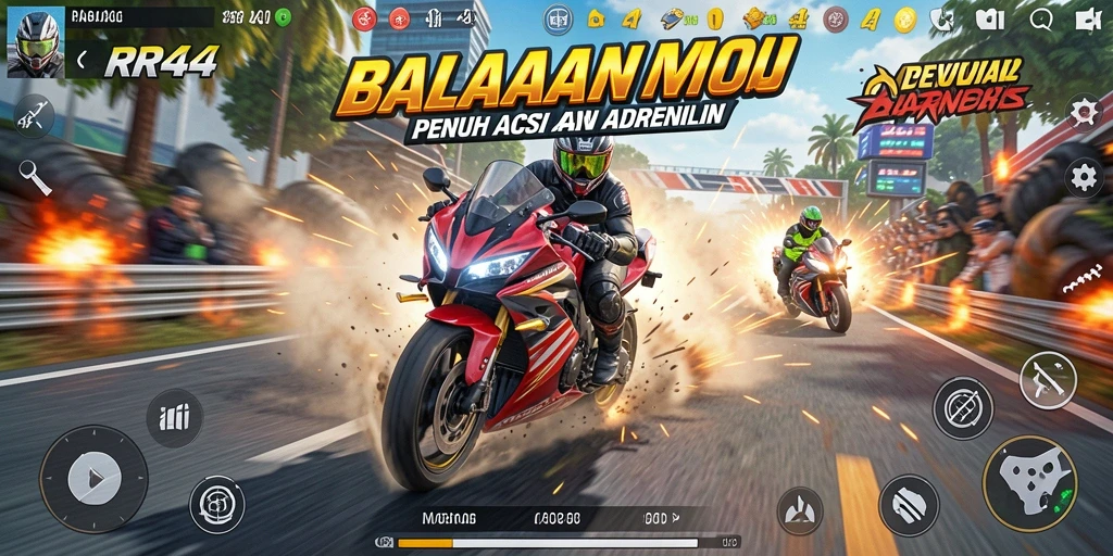 Tangkapan layar utama RR44 menunjukkan aksi balapan motor yang mendebarkan.