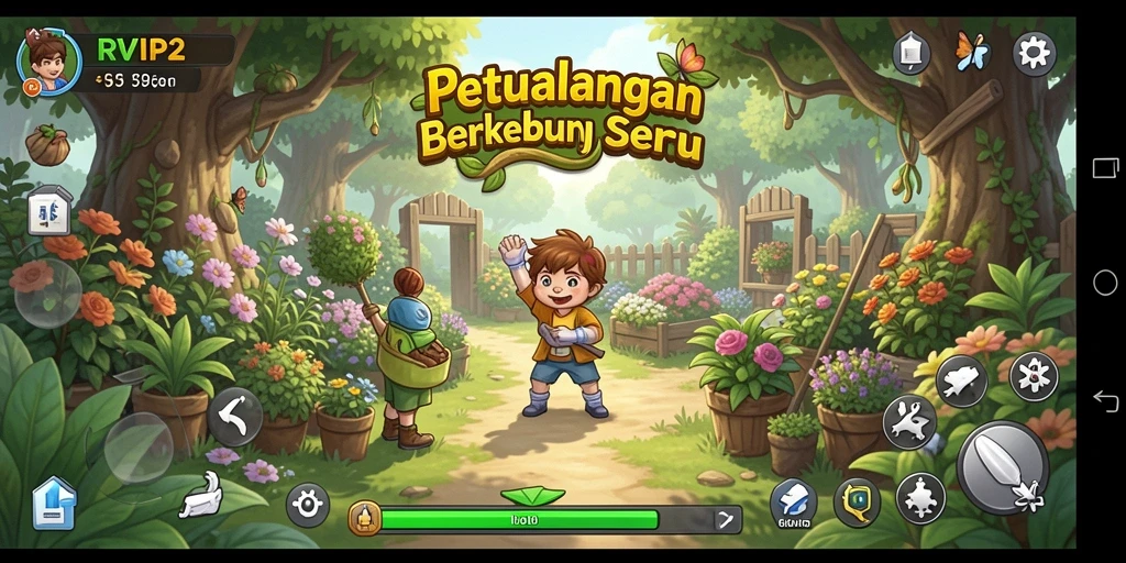 Tampilan indah gameplay Farming di RVIP2 dengan kebun yang rimbun.