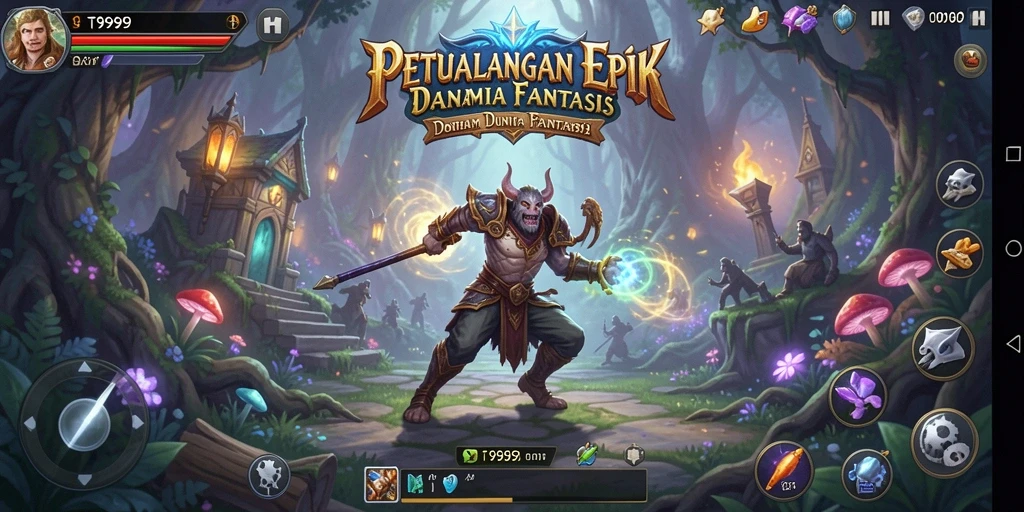 Screenshot utama gameplay T9999 yang menampilkan aksi pertarungan RPG.