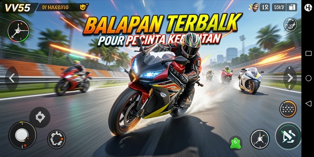 Tampilan penuh aksi dari gameplay balapan motor yang mendebarkan.